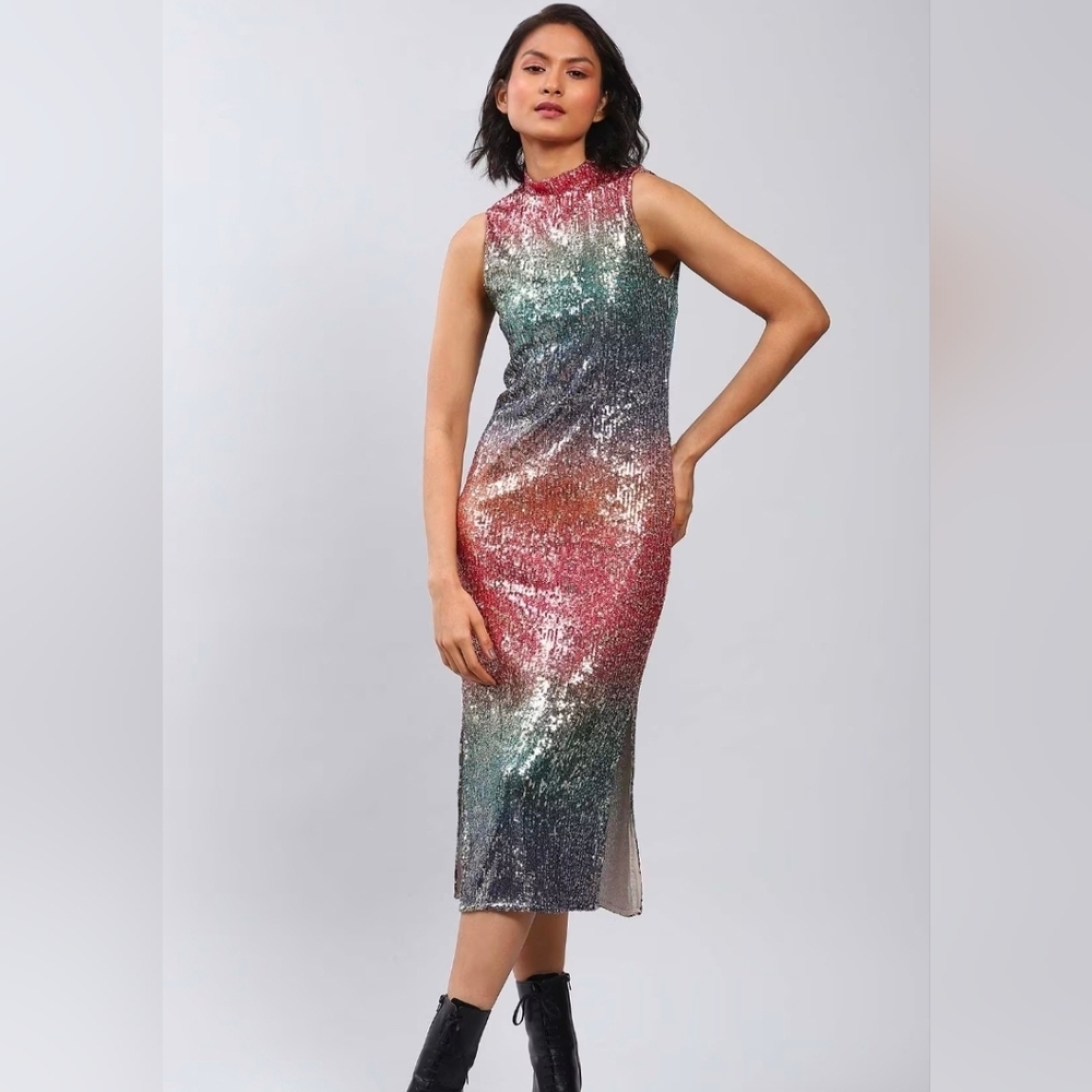Francesca's Rainbow NYE Pride Sequin Sleeveless Midi Dress M